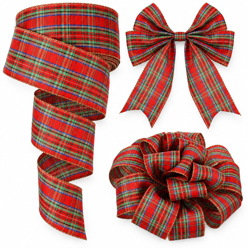 Red & Green Wired Plaid Christmas Ribbon – 50 Yards — product