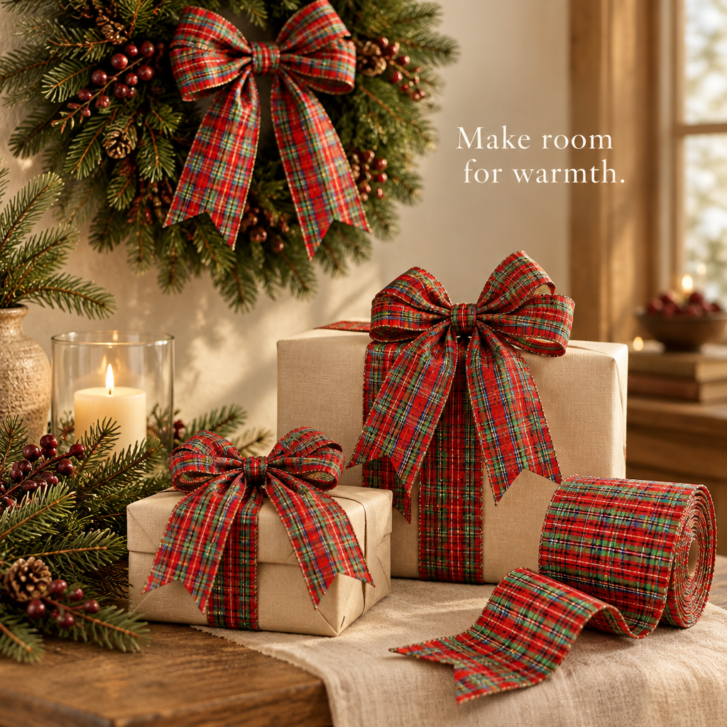 Red & Green Wired Plaid Christmas Ribbon – 50 Yards — in use
