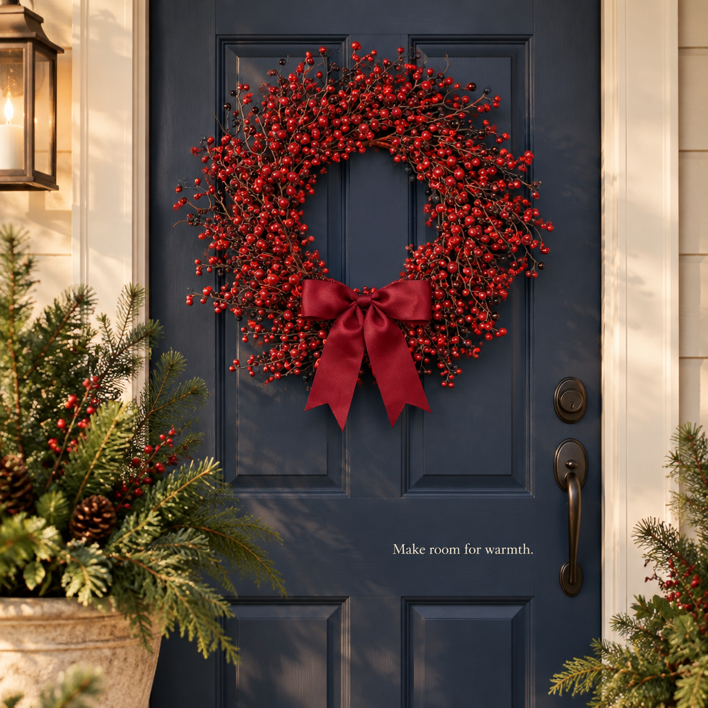 Red Berry Wreath with Bow – 18 in — in use