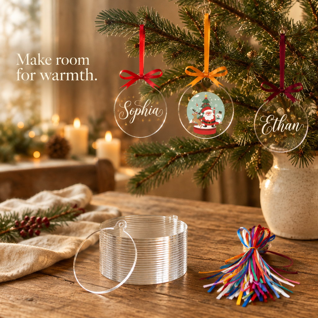 Clear Acrylic Ornament Blanks & Ribbons – 50 Pack — in use