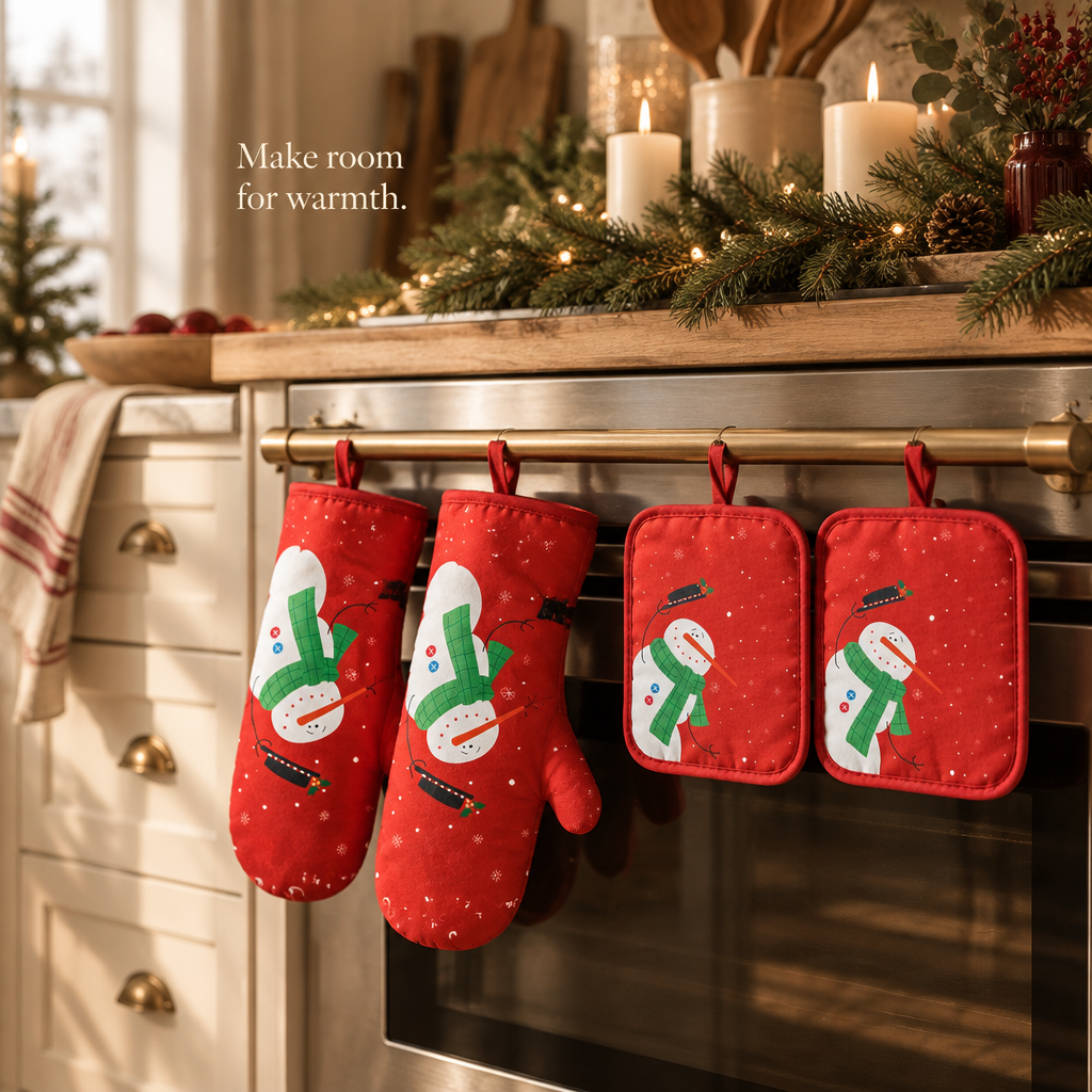 Christmas Oven Mitts & Pot Holders – 4 Piece Set — in use