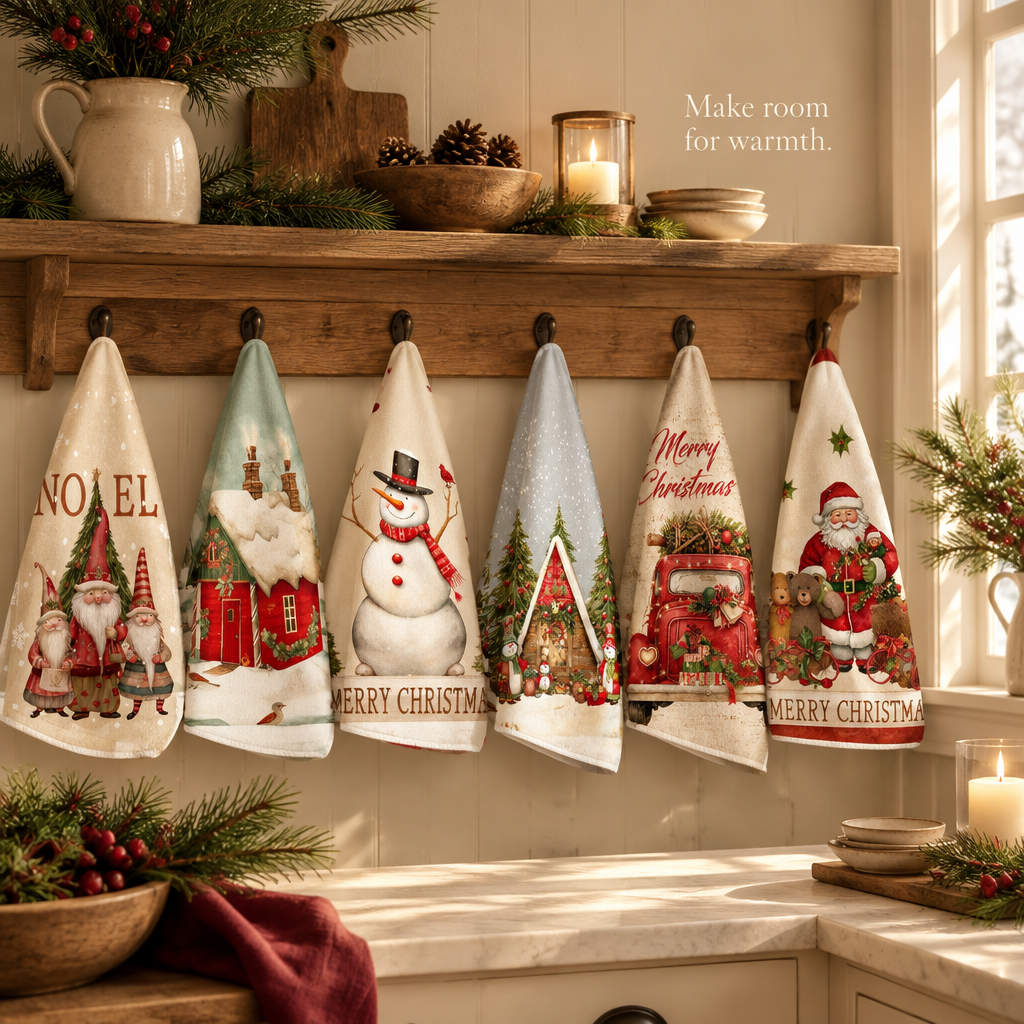 Vintage Christmas Kitchen Towels – 6 Pack — in use