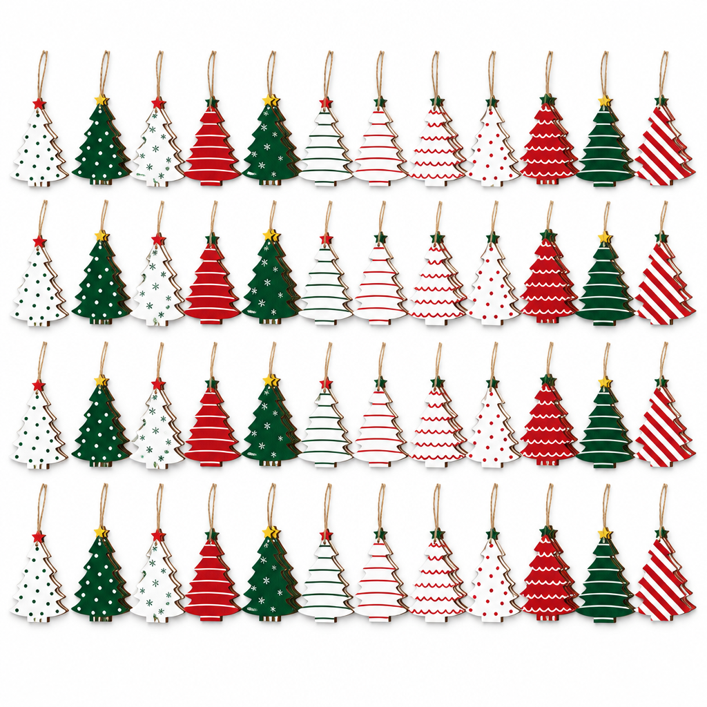 Red, Green & White Wooden Tree Ornaments – 36 Pack — product