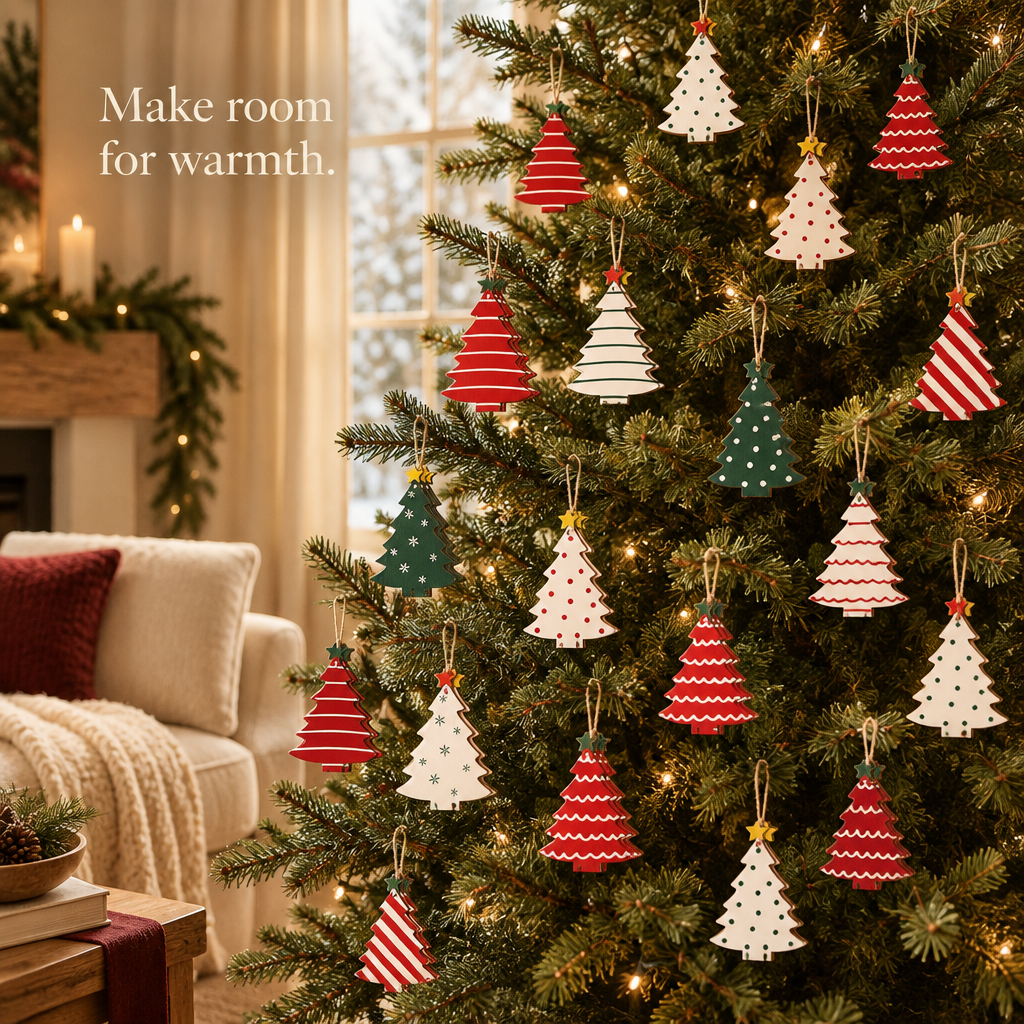 Red, Green & White Wooden Tree Ornaments – 36 Pack — in use