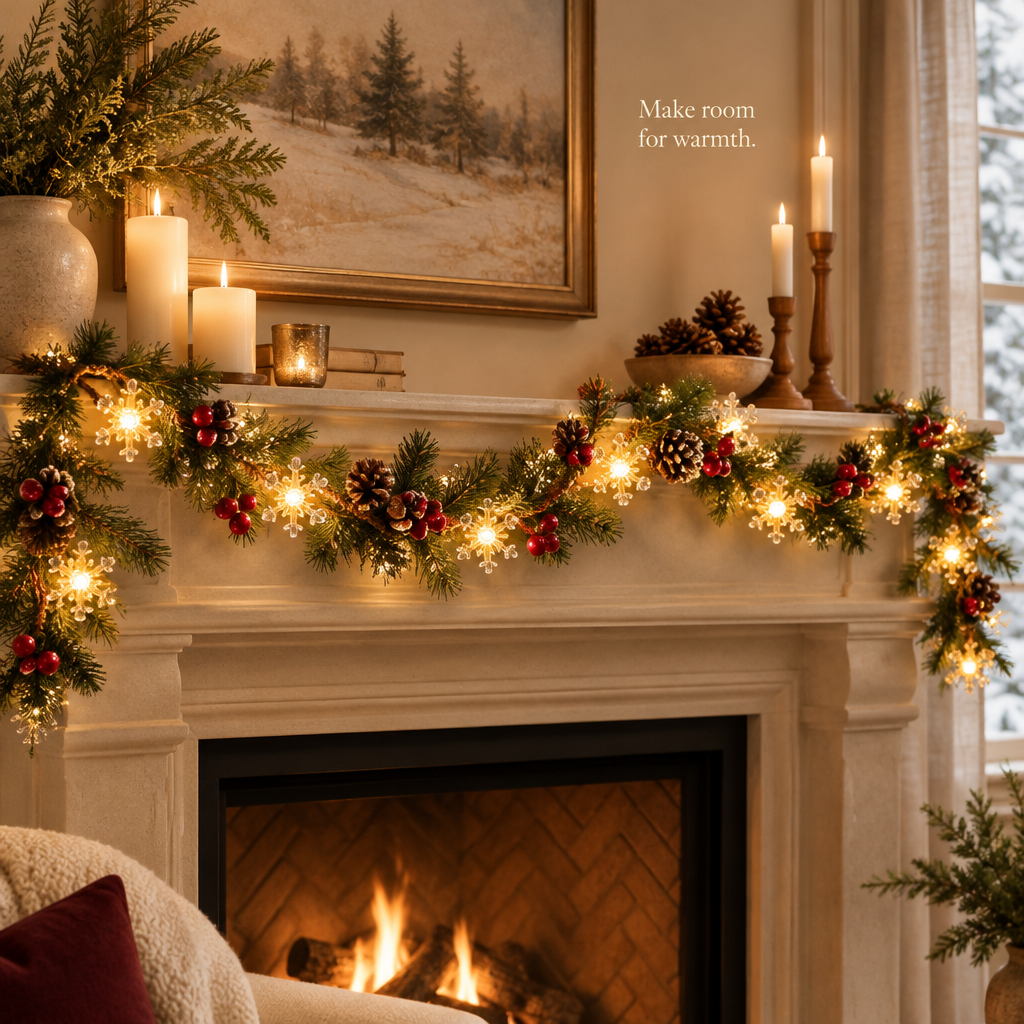 Lighted Pine Cone & Berry Garland – 10 ft, 30 LEDs — in use