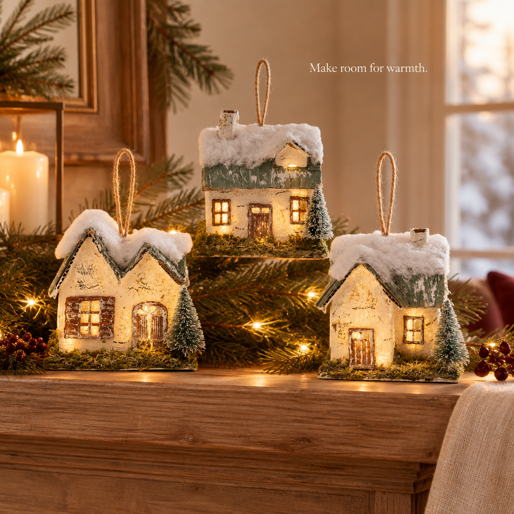 Light-Up Village House Ornaments – Set of 3 — in use