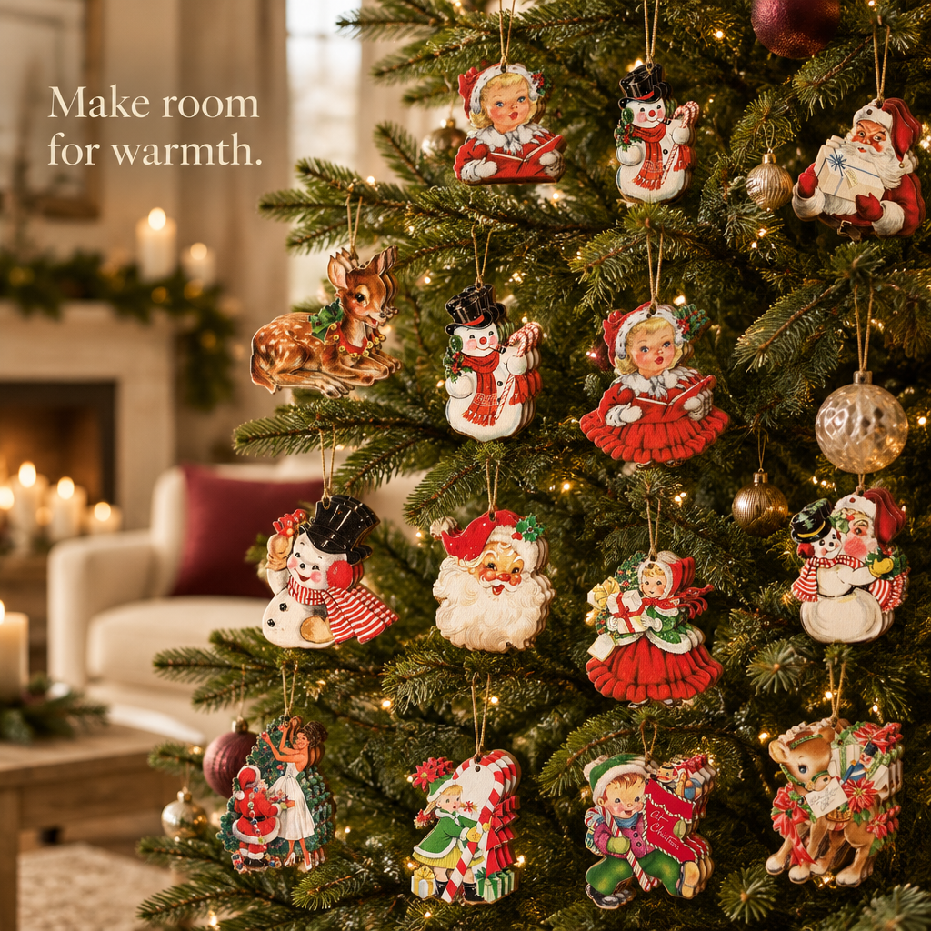 Vintage Snowman Wooden Christmas Ornaments – 36 Pack — in use