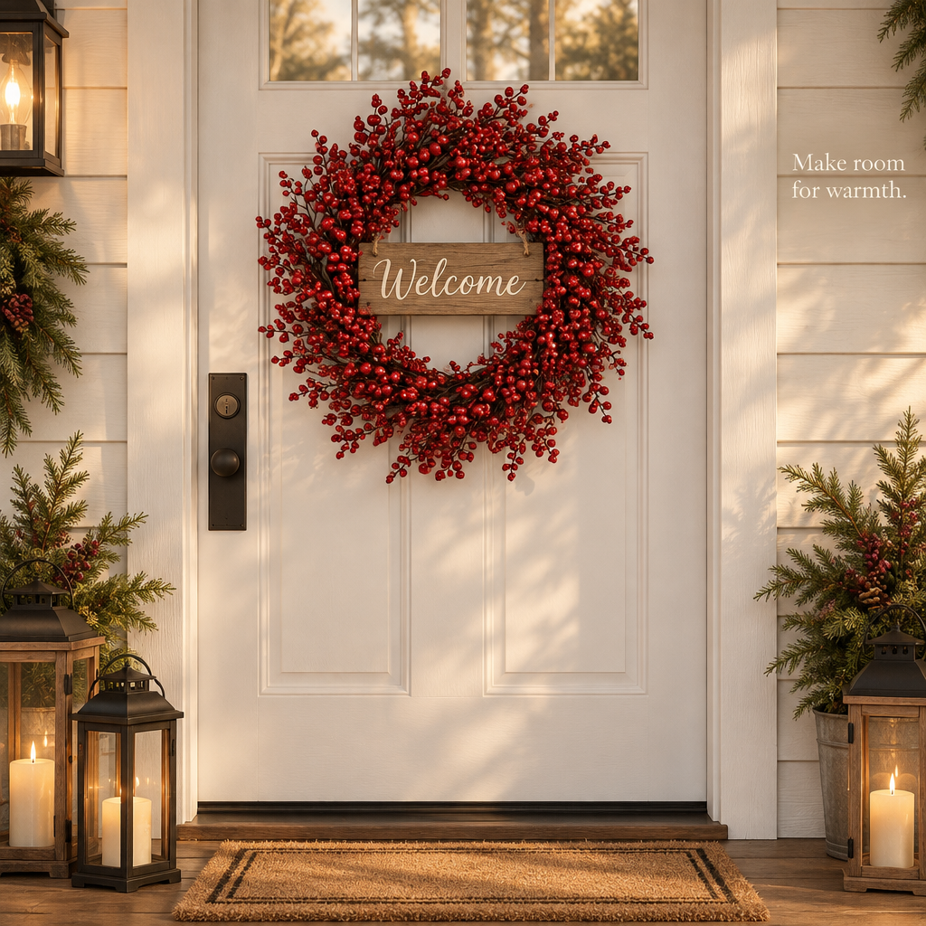 Red Berry Wreath with Welcome Sign – 20 in — in use