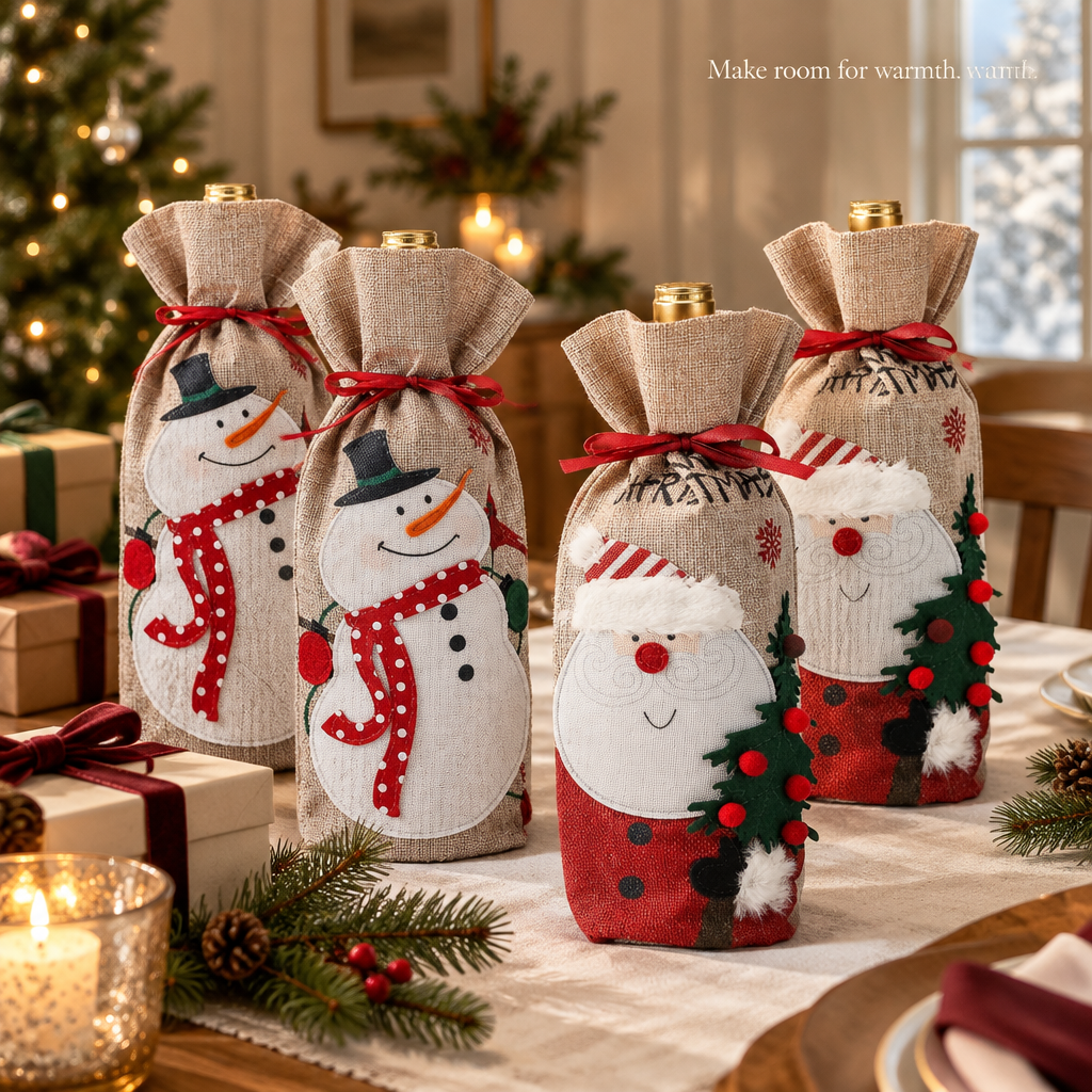 Christmas Burlap Bottle Gift Bags – 4 Pack — in use