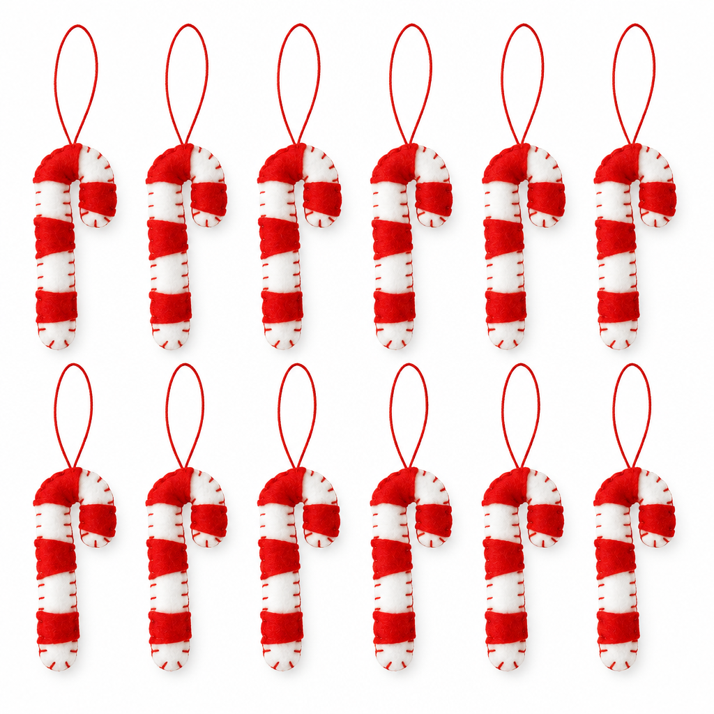Red & White Felt Candy Cane Ornaments – 12 Pack — product