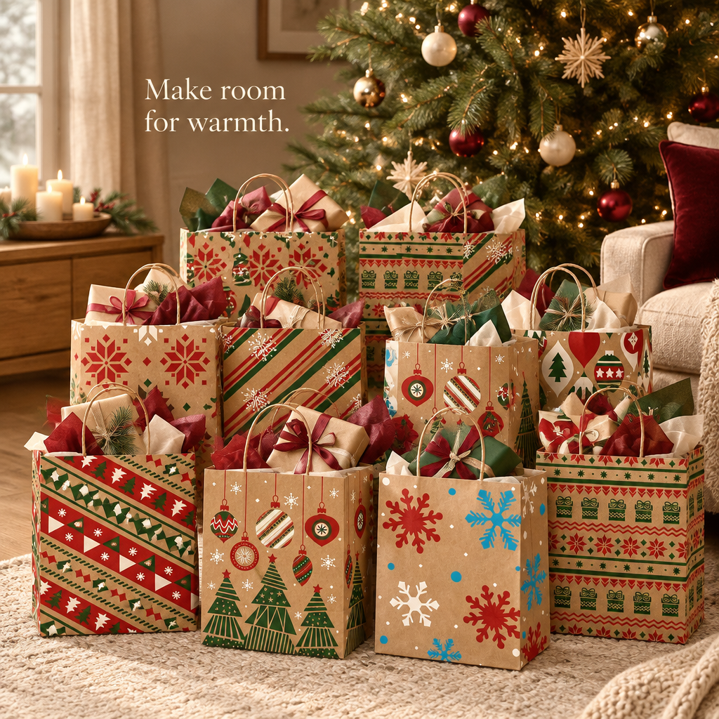 Christmas Kraft Paper Gift Bags – 24 Pack — in use