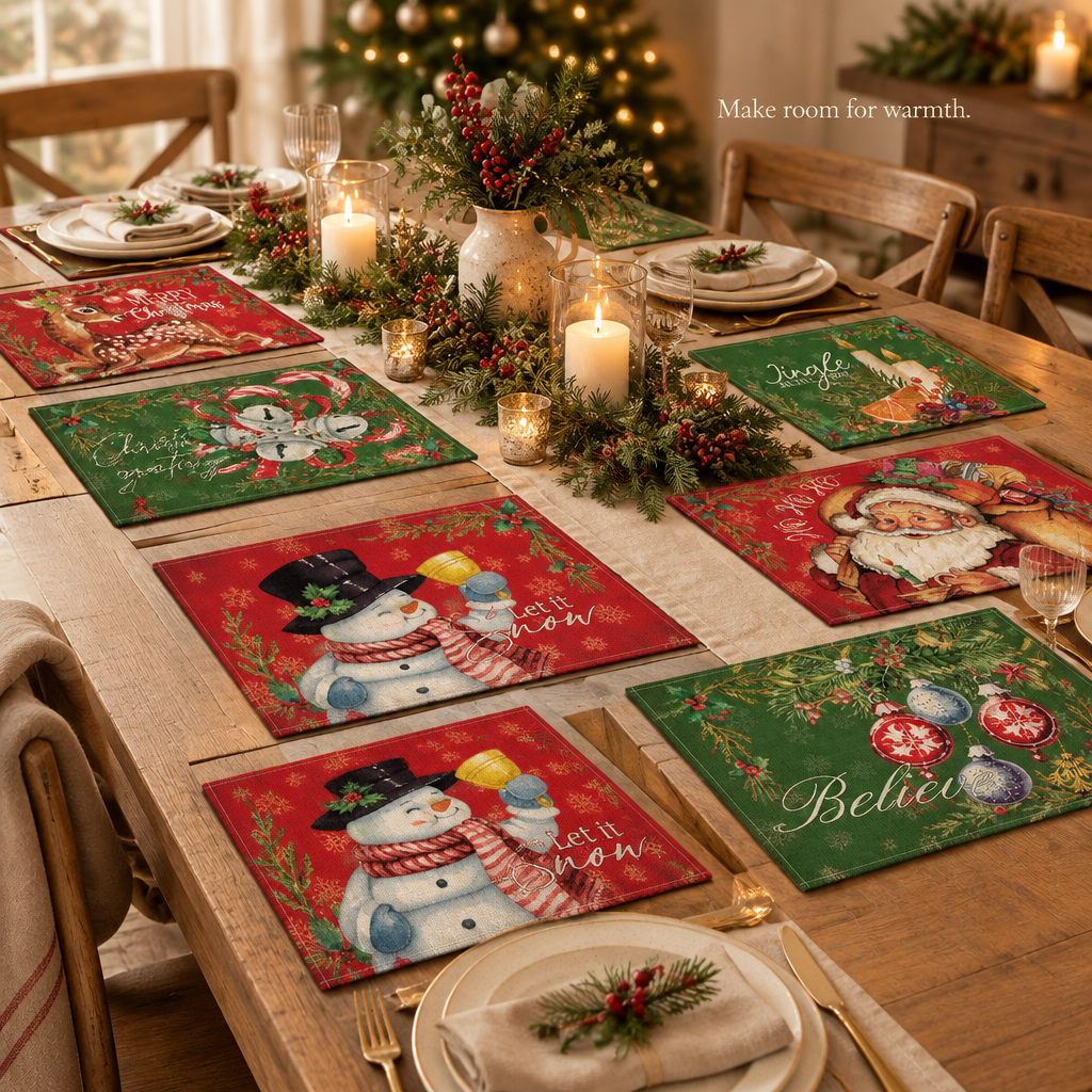 Retro Santa & Snowman Placemats – 6 Pack — in use