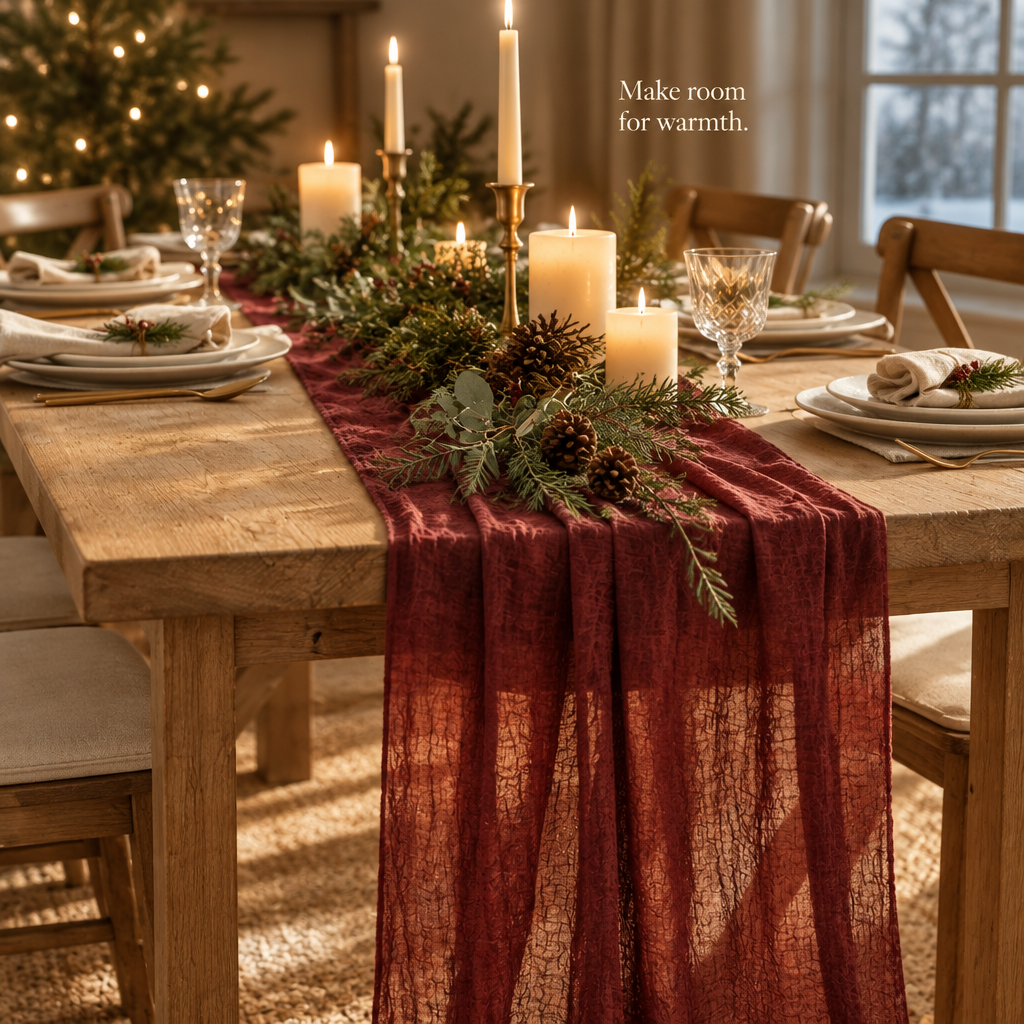 Burgundy Cheesecloth Table Runner – 120 in — in use