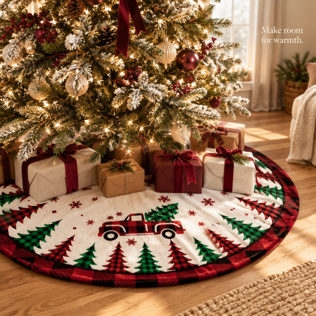 Red Truck & Plaid Trees Christmas Tree Skirt – 48 in — in use