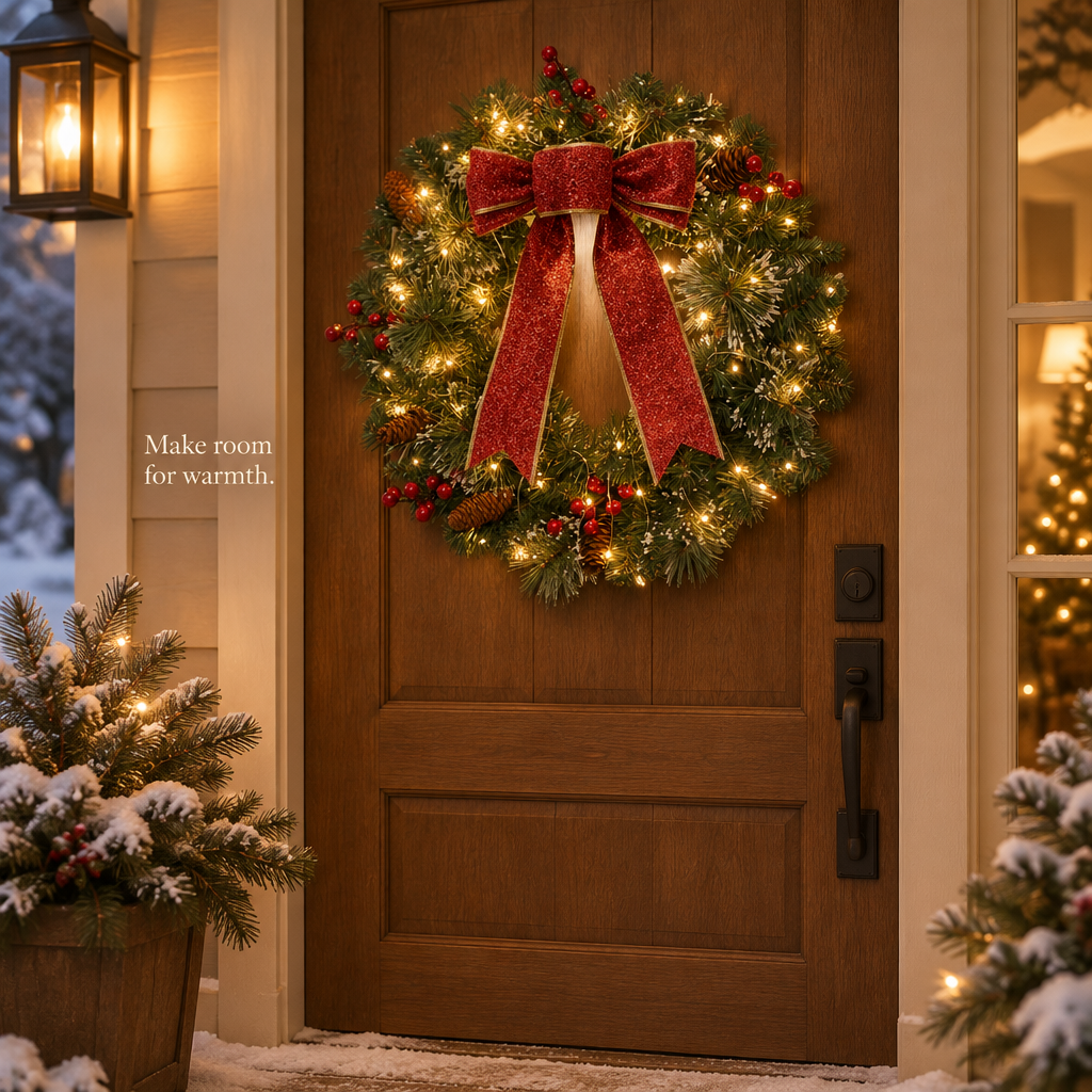 Pre-Lit Pine Cone & Berry Door Wreath – 16 in — in use