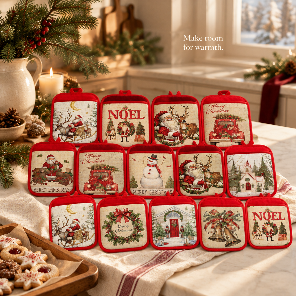 Christmas Pot Holders with Pocket – 12 Pack — in use