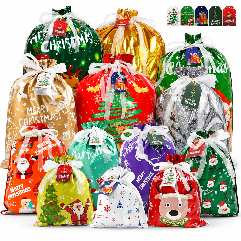 Christmas Drawstring Gift Bags with Tags – 32 Pack — product