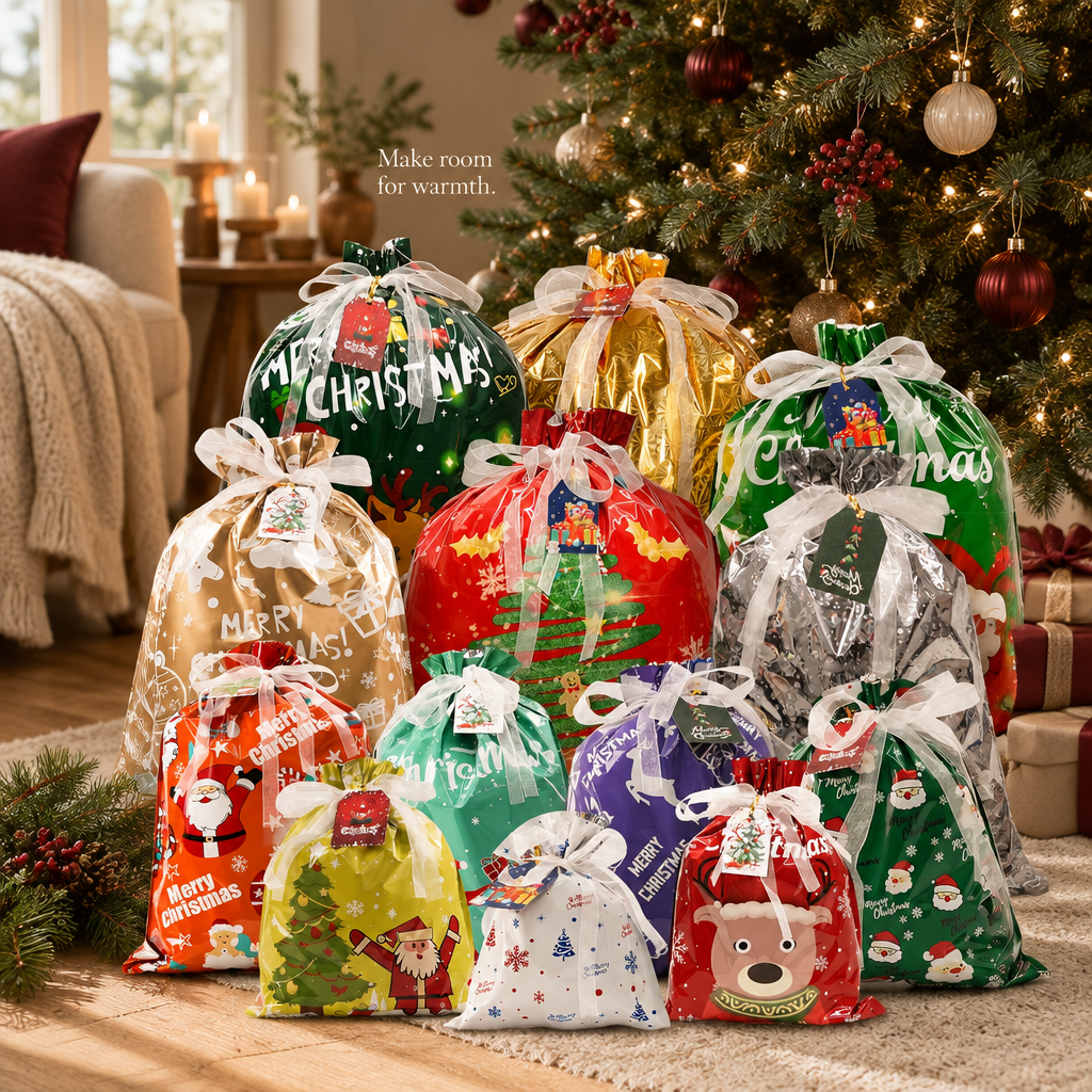 Christmas Drawstring Gift Bags with Tags – 32 Pack — in use