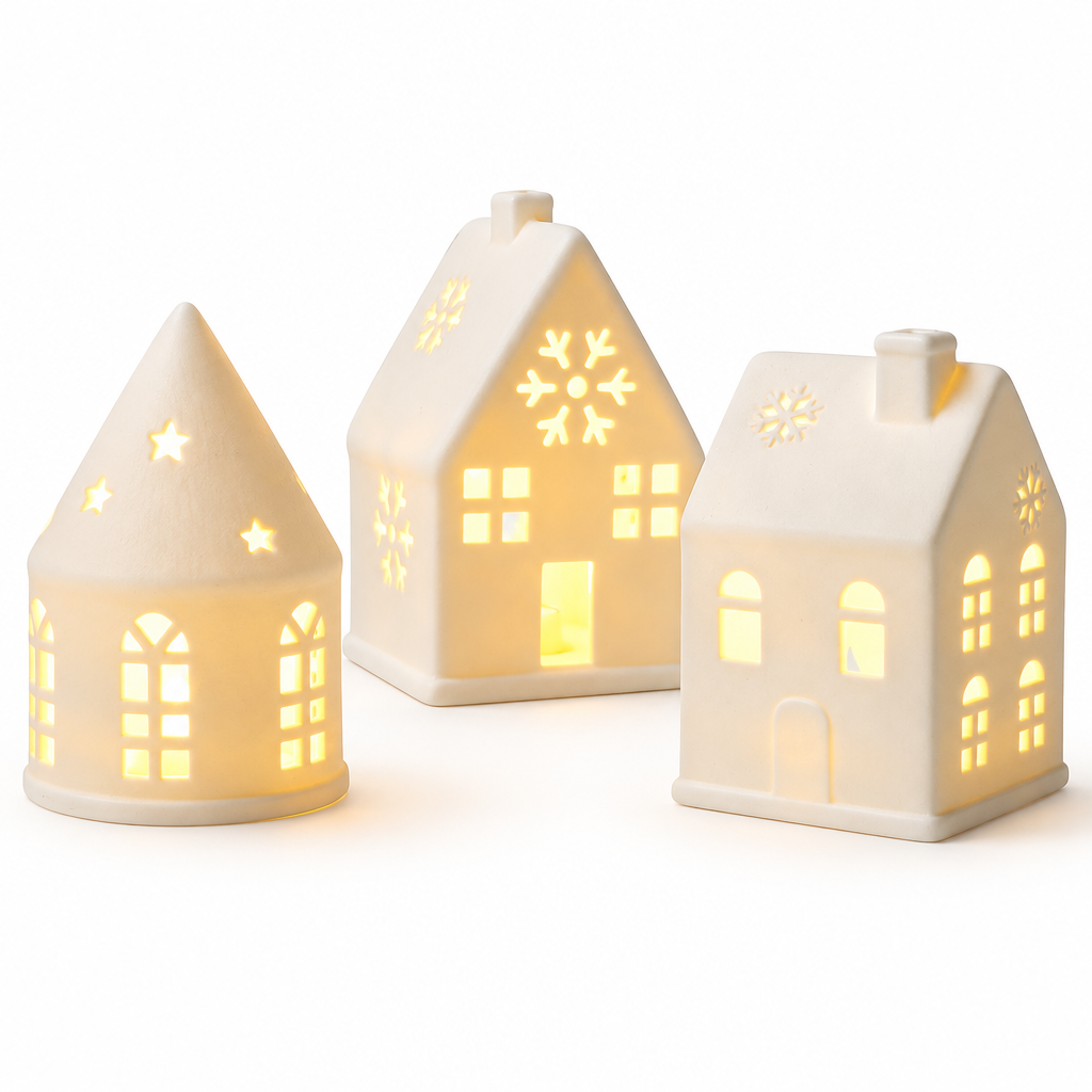 White Ceramic Christmas Village Houses – Set of 3 — product