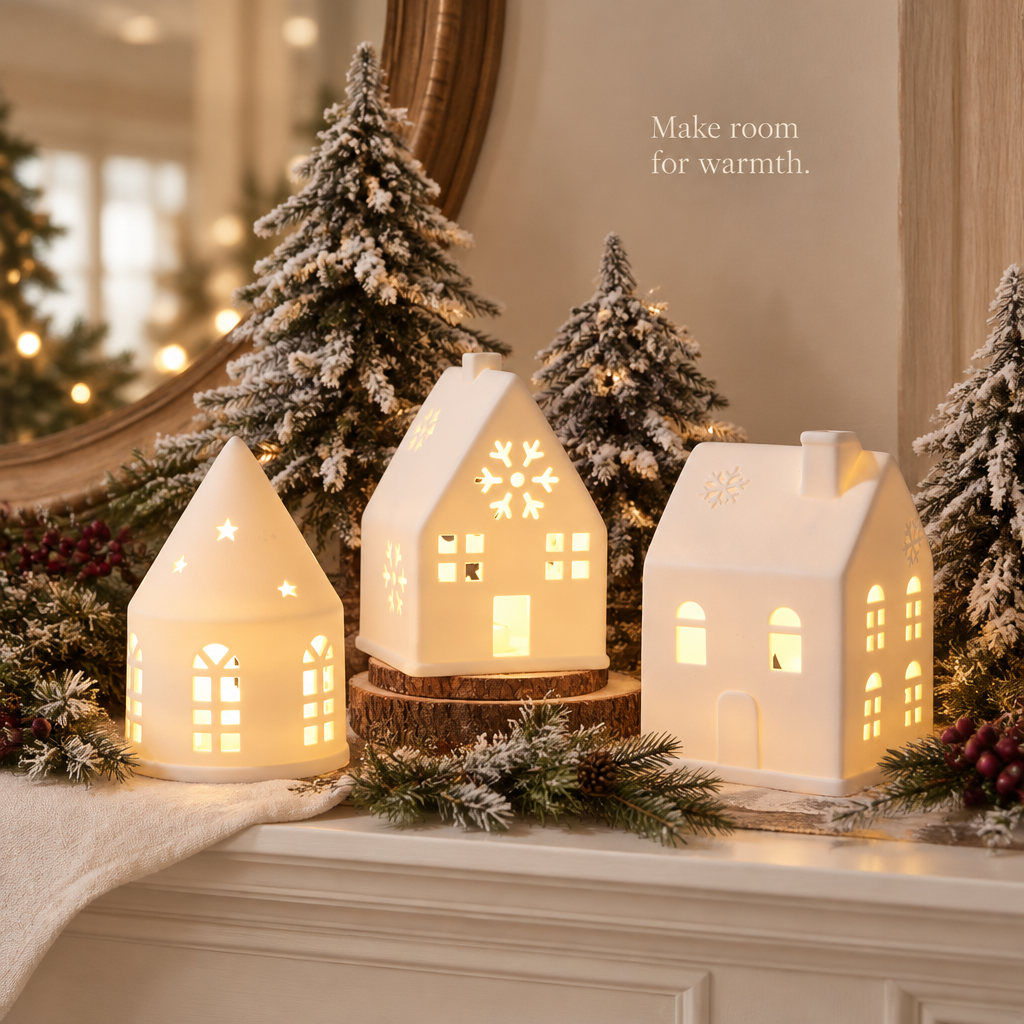 White Ceramic Christmas Village Houses – Set of 3 — in use