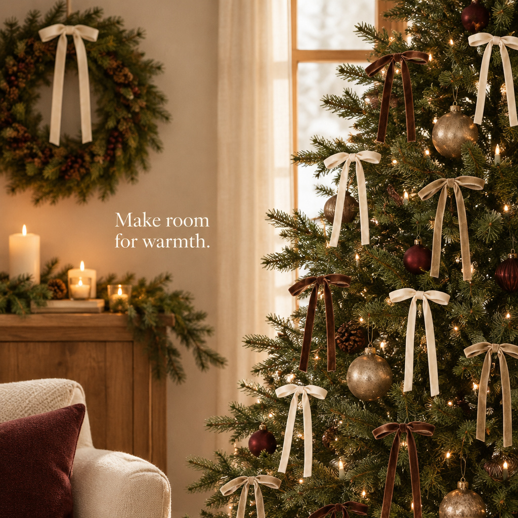 Neutral Velvet Christmas Bows – 24 Pack — in use