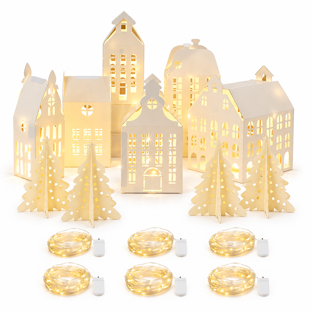 Light-Up Paper Christmas Village – 10 Pieces — product
