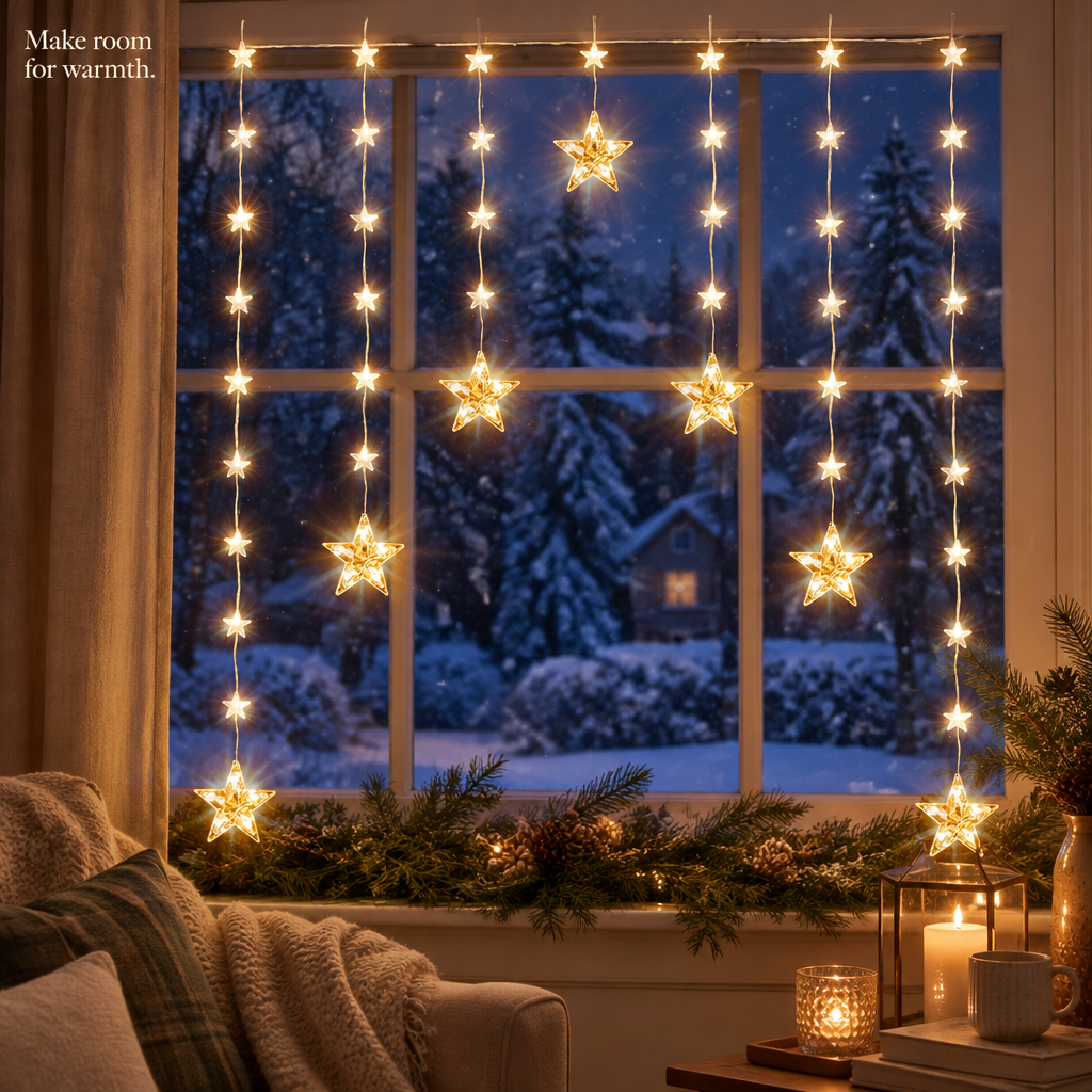 Star Curtain Lights for Windows – 46 Stars, Warm White — in use