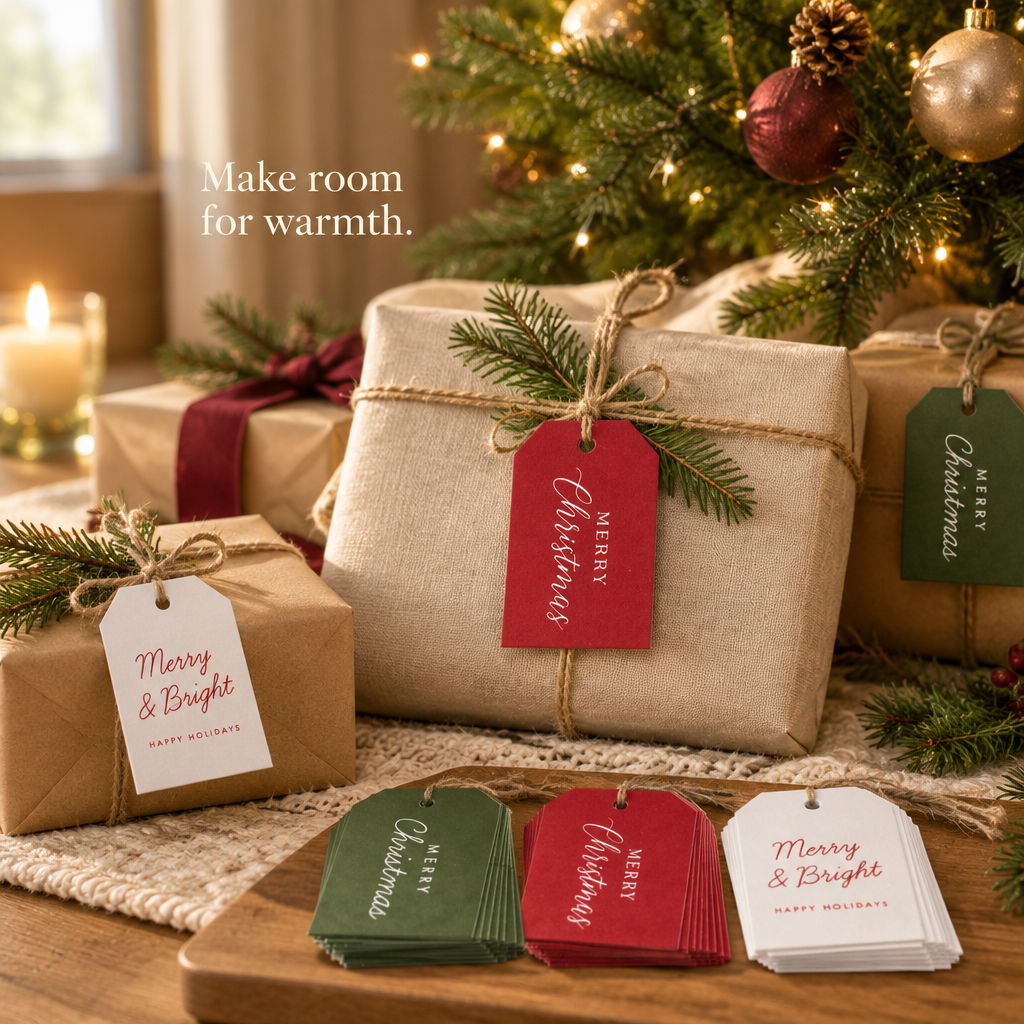Modern Christmas Gift Tags with Jute Twine – 48 Pack — in use