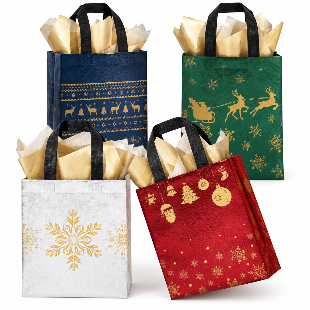 Christmas Fabric Gift Bags with Gold Paper – 16 Pack — product