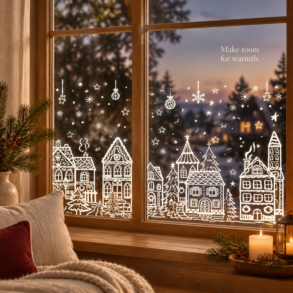 White Christmas Village Window Cling Set — in use