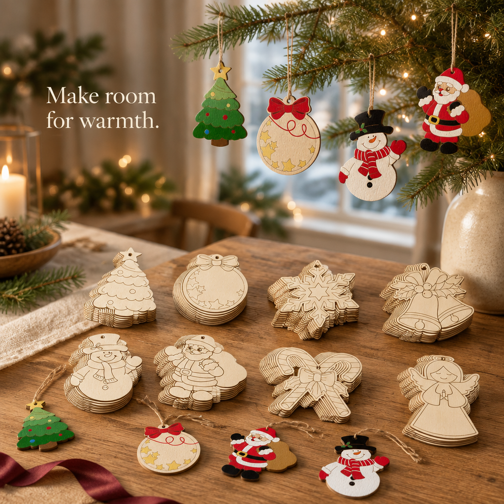 Unfinished Wooden Christmas Ornaments – 80 Pack — in use