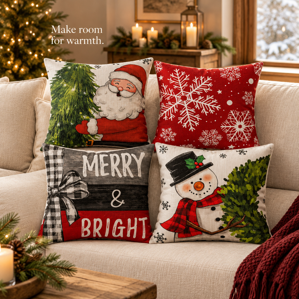 Double-Sided Christmas Pillow Covers – 4 Pack, 18 × 18 — in use