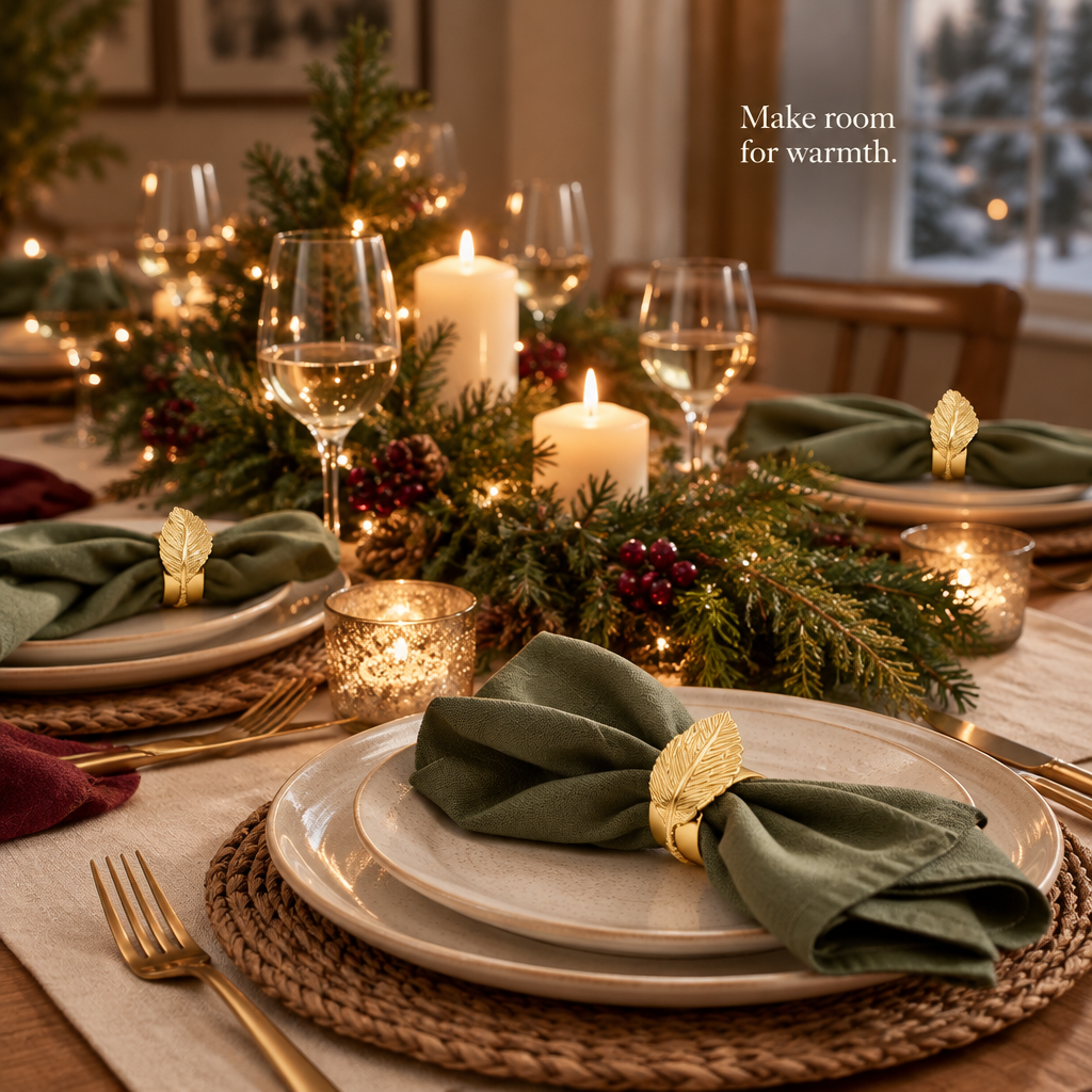 Gold Laurel Leaf Napkin Rings – 12 Pack — in use