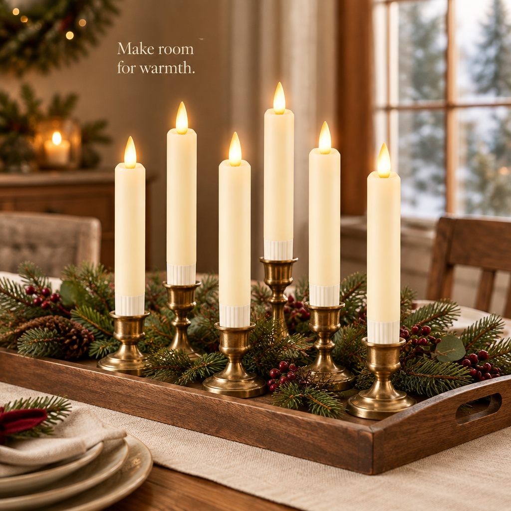 Short Real Wax LED Taper Candles with Remote – 6 Pack, 6 in — in use
