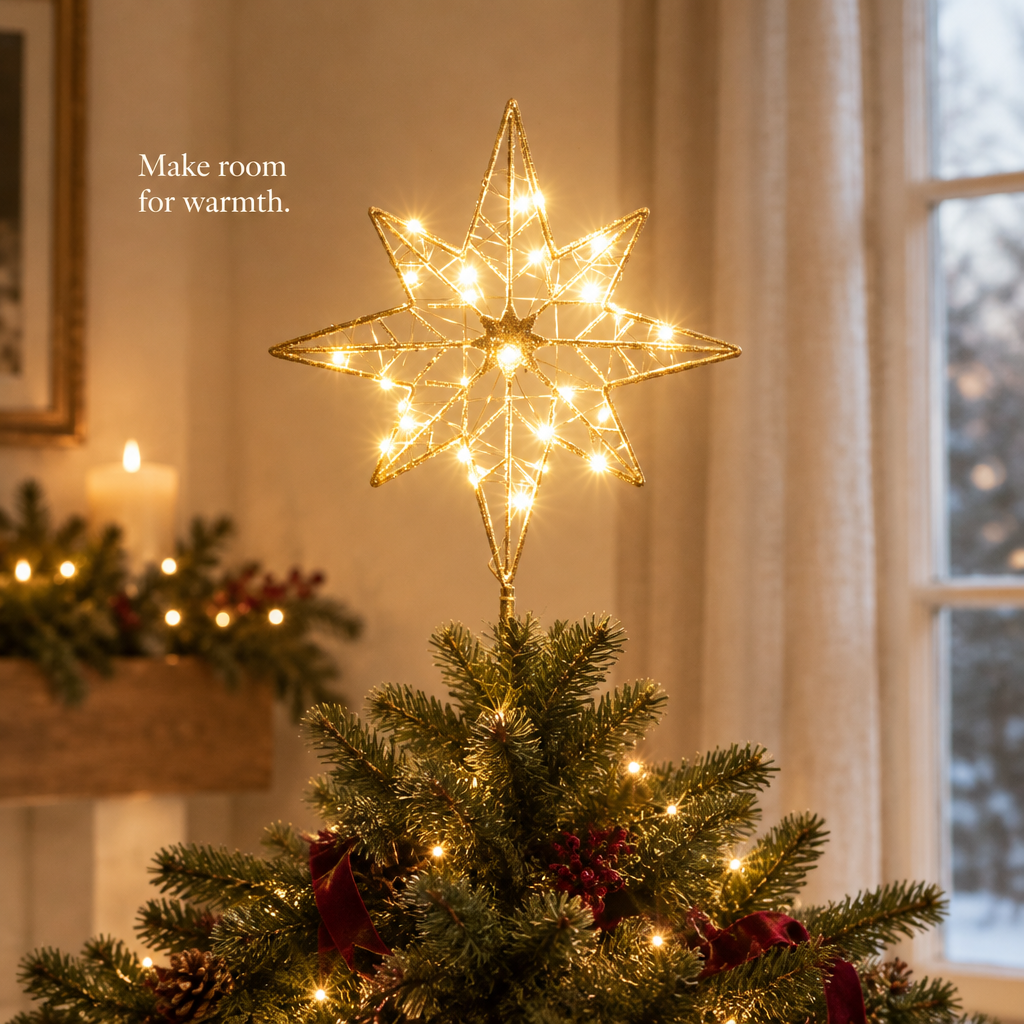Lighted Gold Glitter Star Tree Topper – 12 in — in use