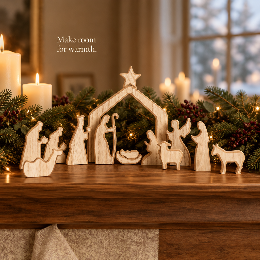 Wooden Christmas Nativity Scene Set – 13 Pieces — in use