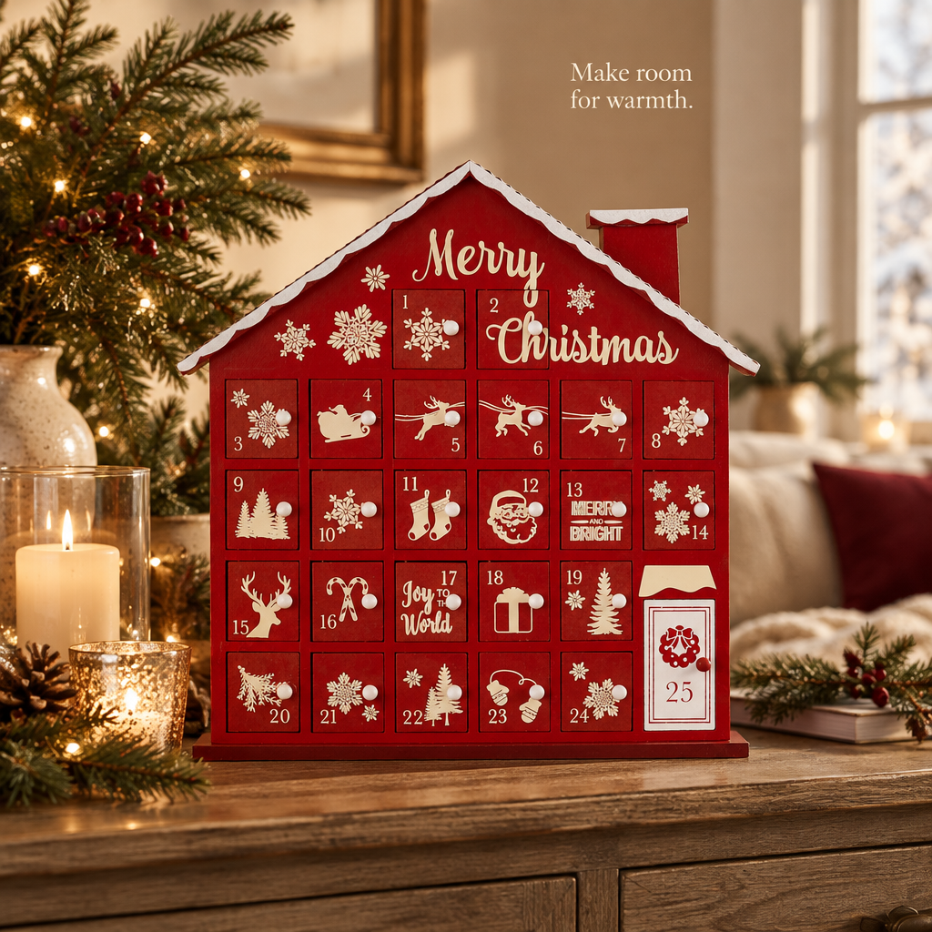 Red Wooden House Advent Calendar – 25 Drawers — in use