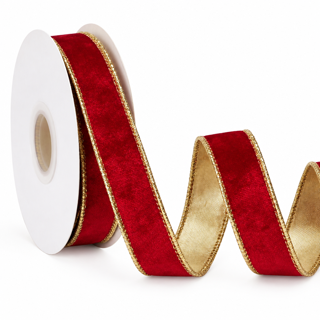 Red & Gold Wired Velvet Ribbon – 1 Inch, 10 Yards — product