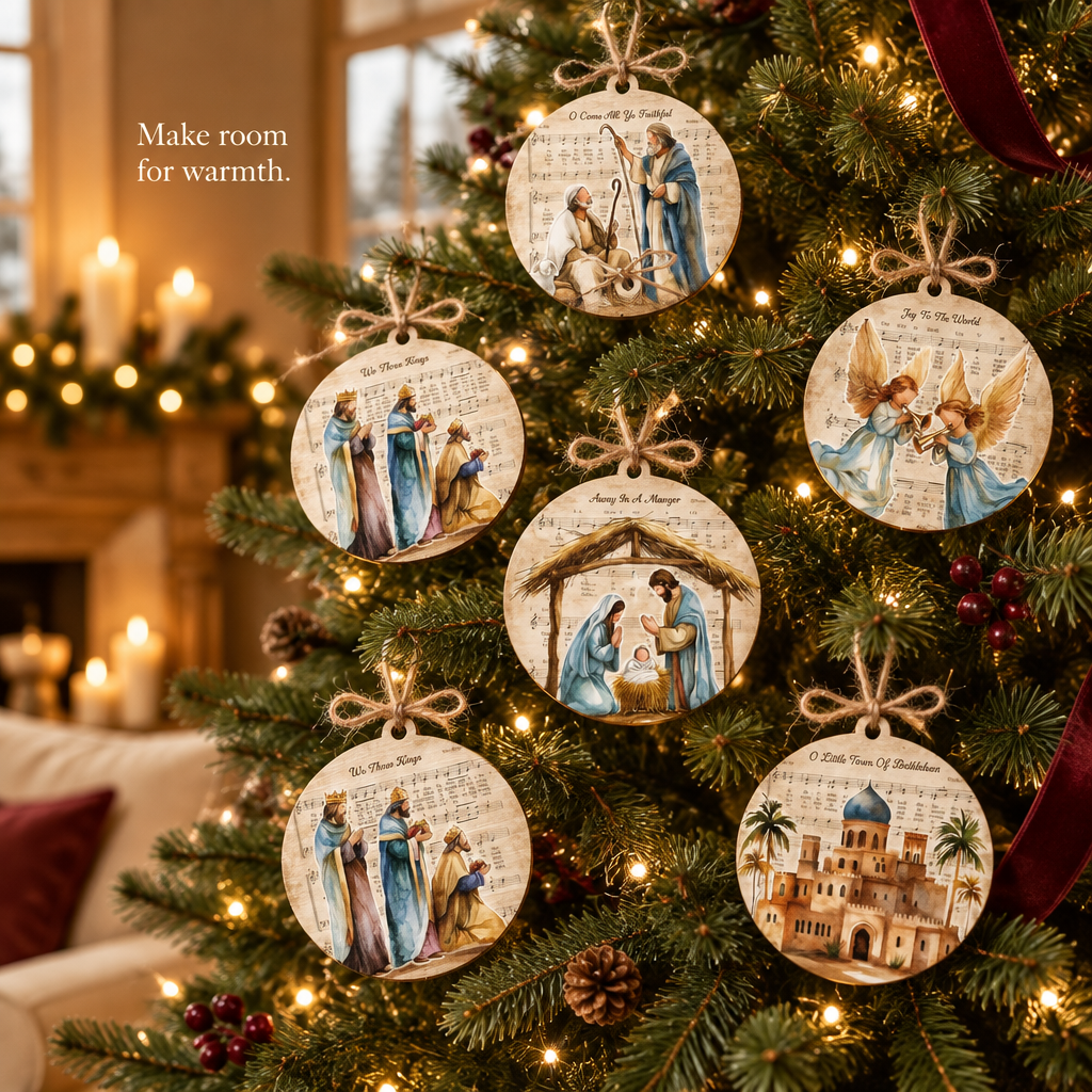 Vintage Star Nativity Wooden Ornaments – 24 Pack — in use