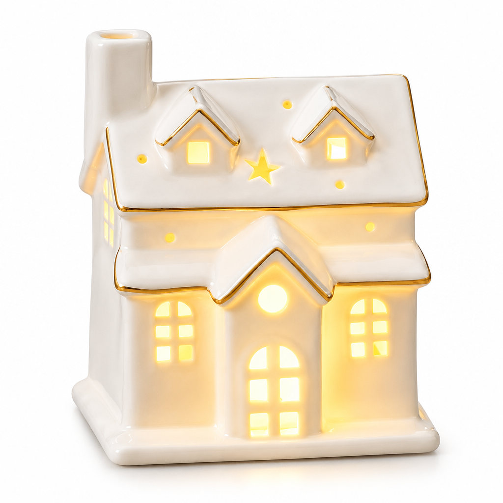 Lighted White Ceramic Village House with Gold Trim — product