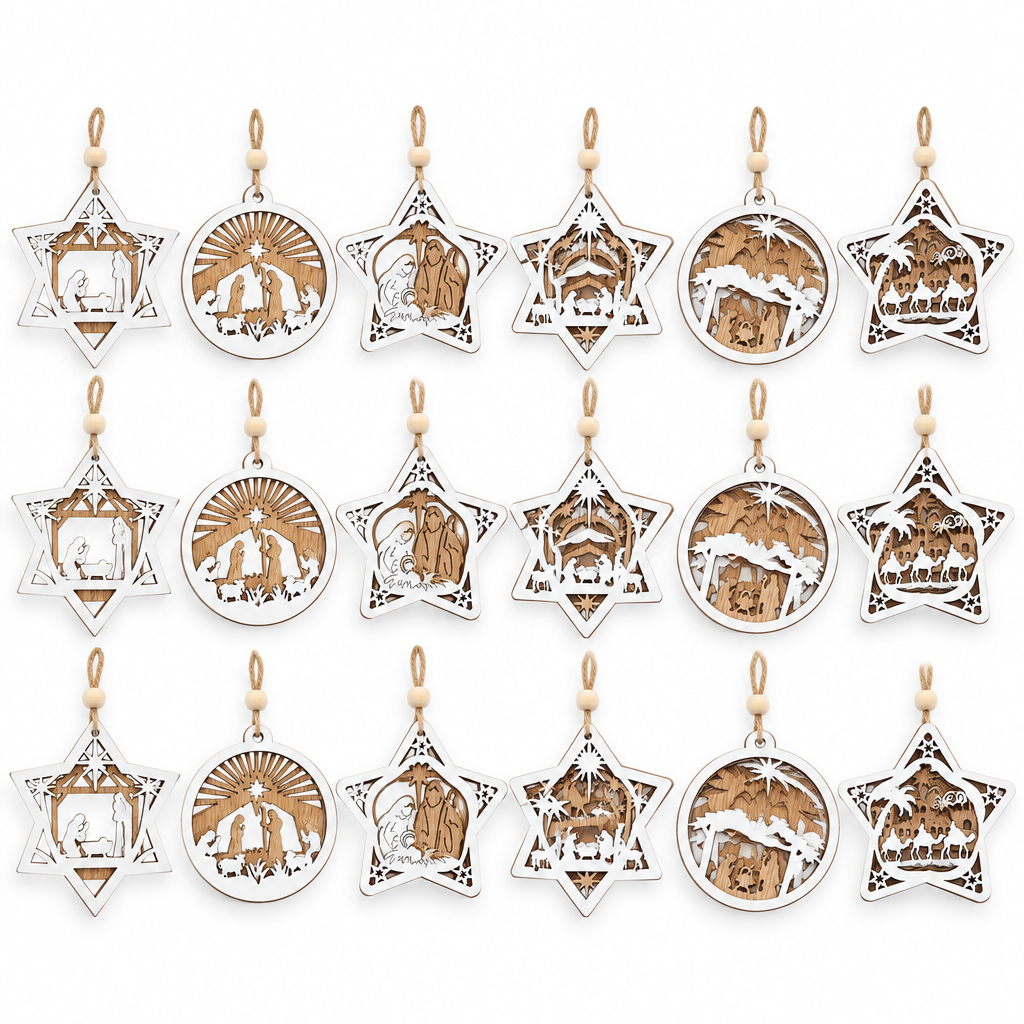 Wooden Nativity Christmas Tree Ornaments – 18 Pack — product