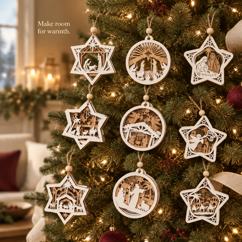 Wooden Nativity Christmas Tree Ornaments – 18 Pack — in use