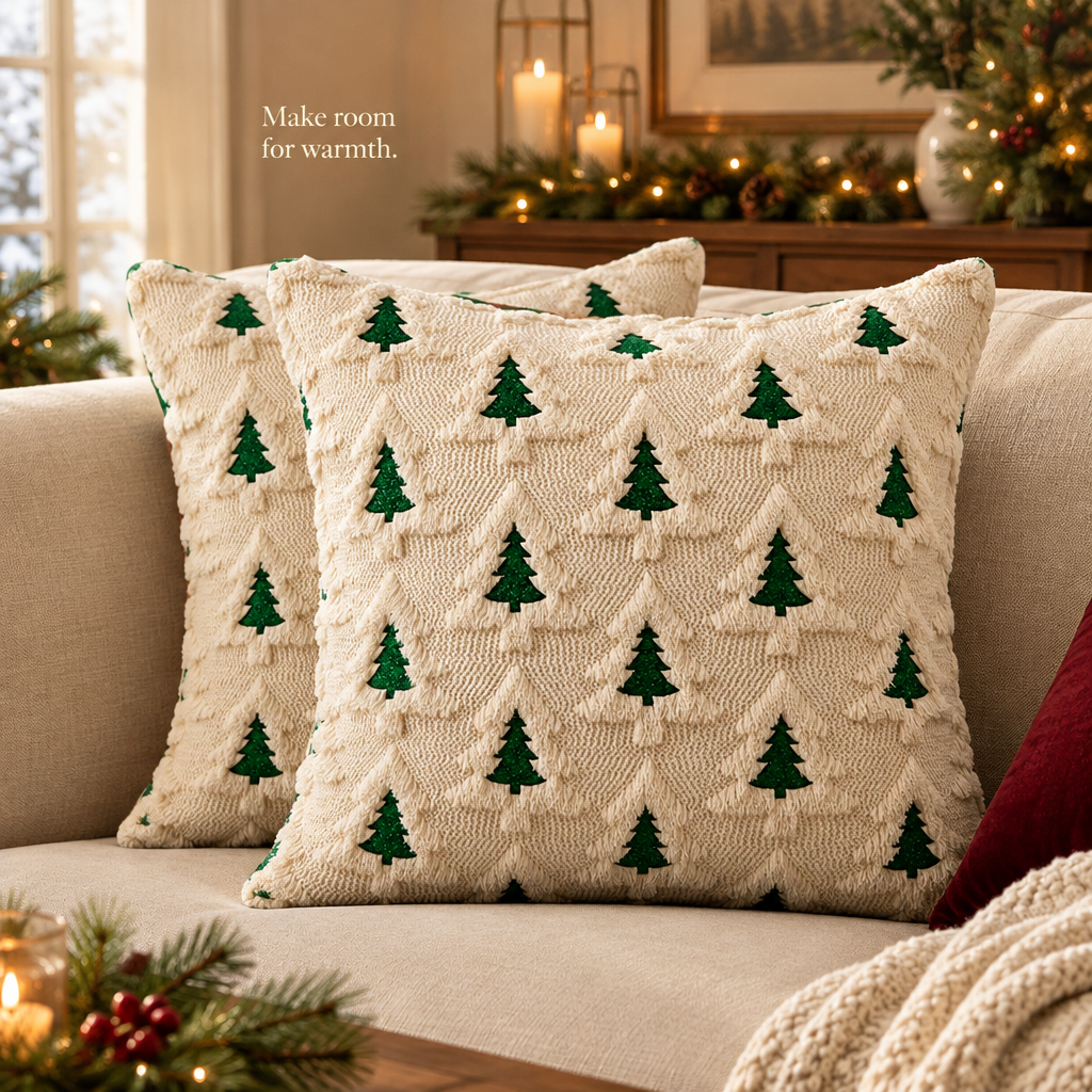 Beige Christmas Tree Pillow Covers – 2 Pack — in use