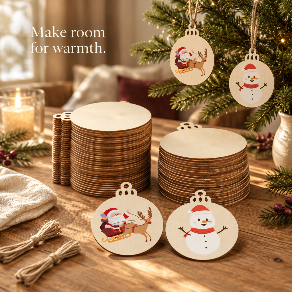 Blank Round Wooden Christmas Ornaments – 50 Pack — in use