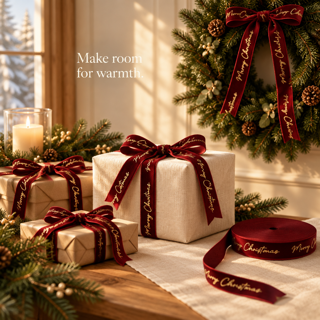 Wine Red Merry Christmas Ribbon – 20 Yards — in use