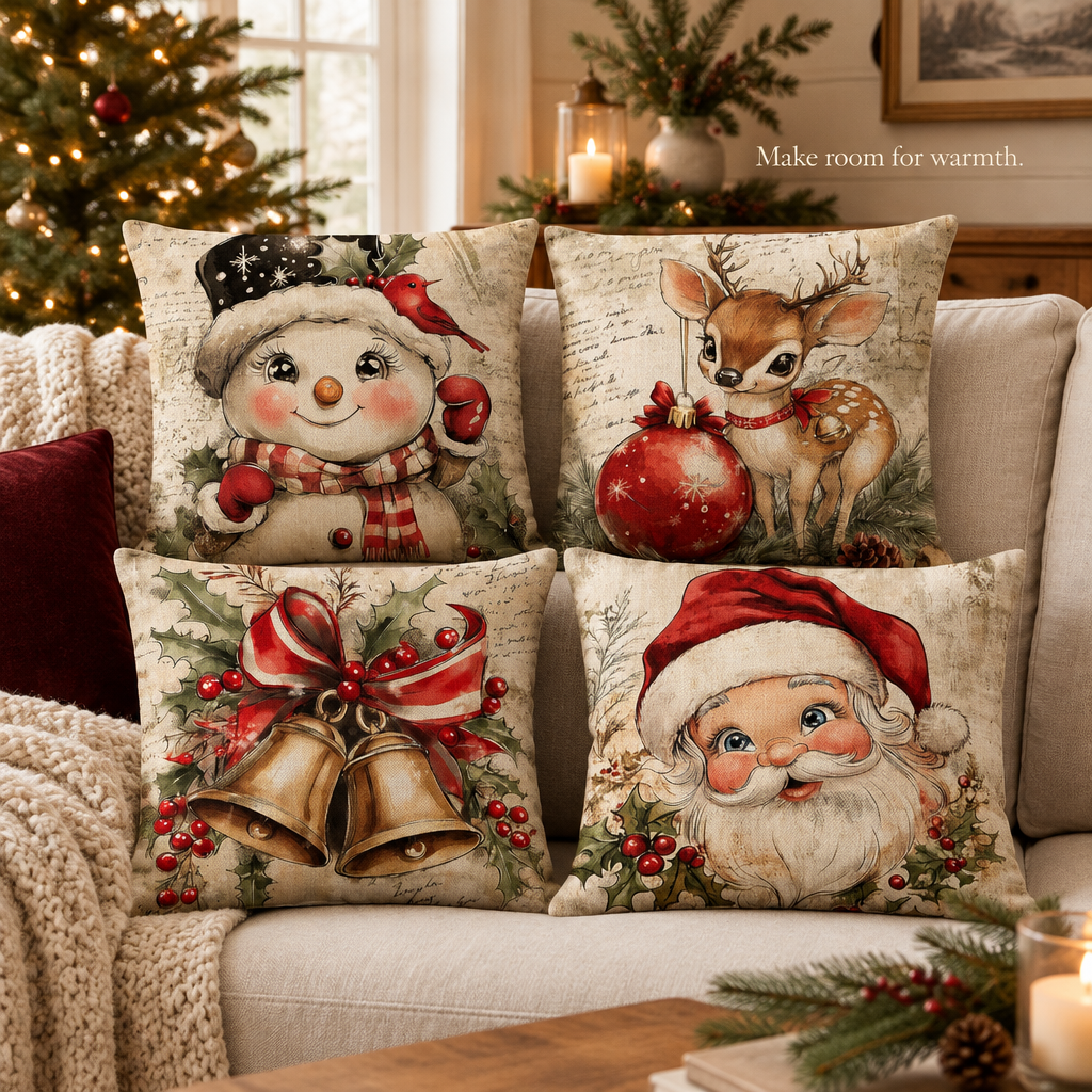Vintage Snowman Christmas Pillow Covers – 4 Pack, 18 × 18 — in use