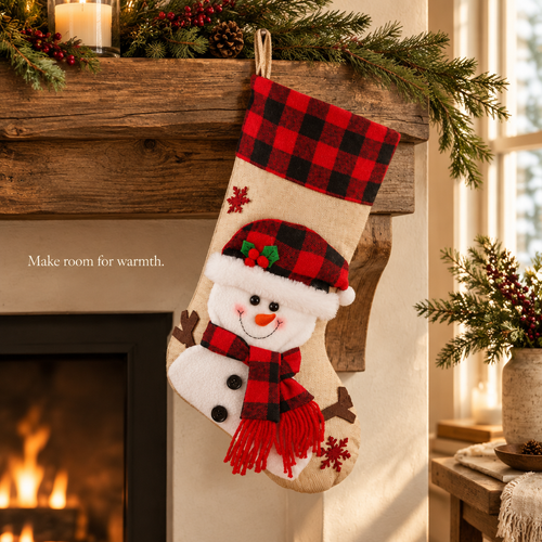 Burlap Plaid Christmas Stocking – 18.5 in — in use