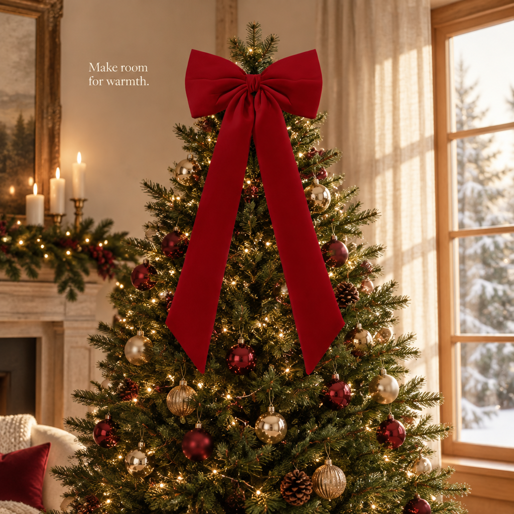 Large Red Velvet Tree Topper Bow – 15 × 30 in — in use
