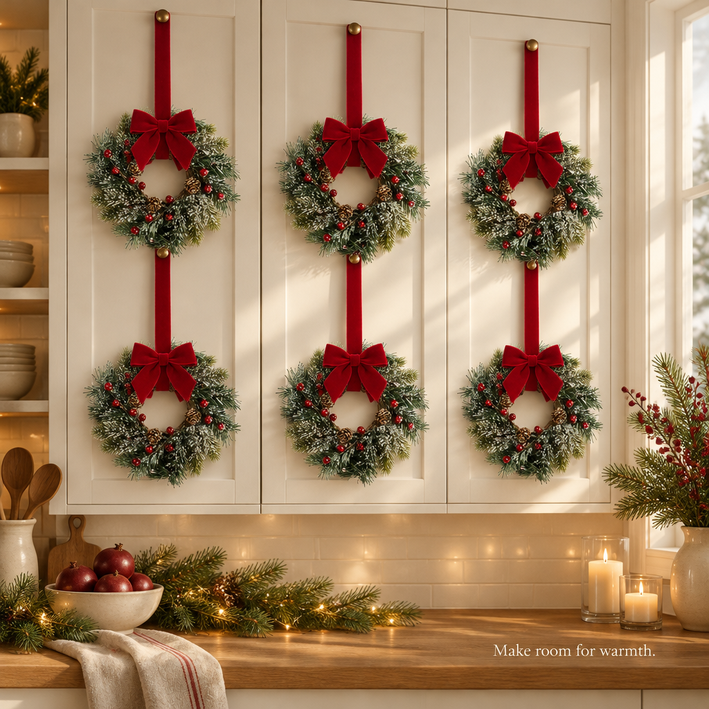 Frosted Pine Cabinet Wreaths – 6 Pack, 9 in — in use