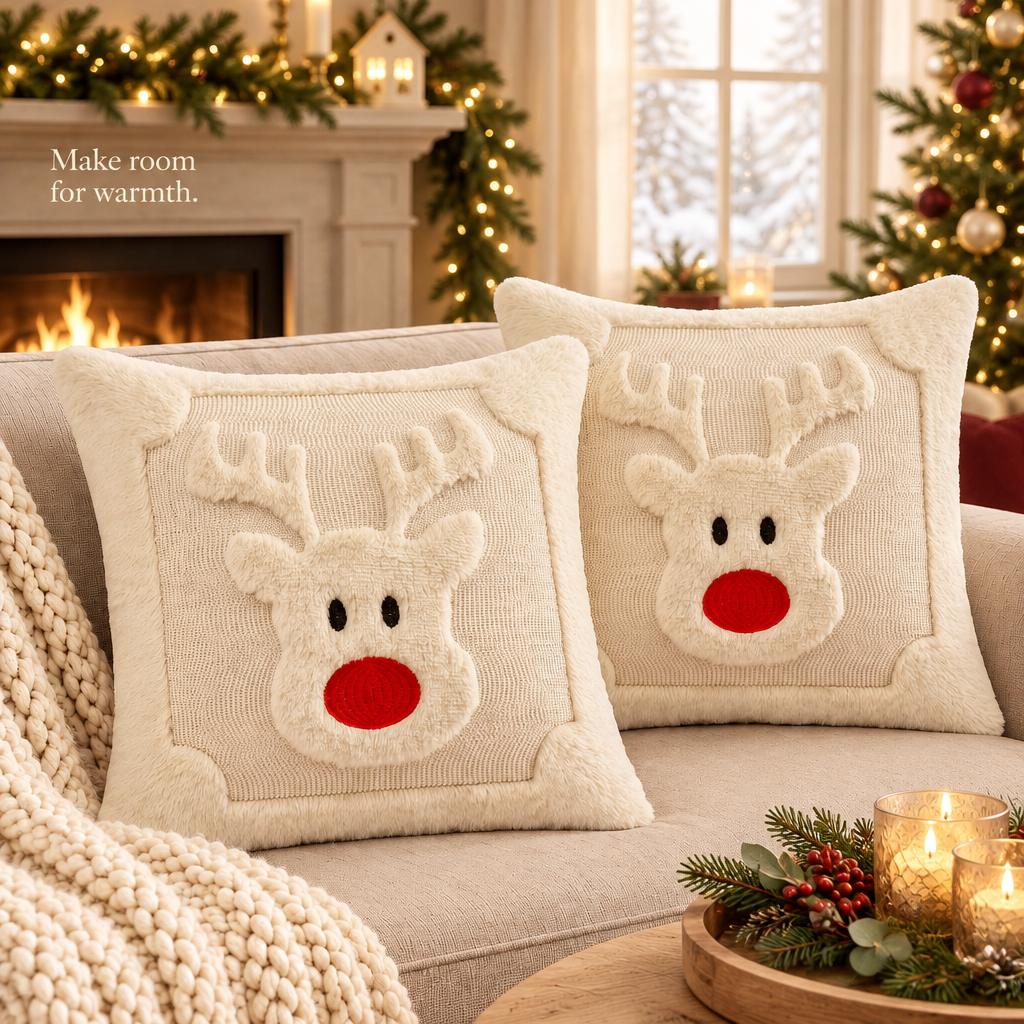 Faux Fur Reindeer Christmas Pillow Covers – 2 Pack — in use